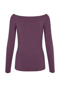 Long-sleeve, off-the-shoulder top in deep purple. Soft, stretchy fabric with a fitted silhouette. Smooth texture, no visible patterns or hardware.