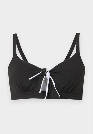 Μαύρο πάνω μέρος μπικίνι με λεπτούς ιμάντες ώμου και λεπτομέρεια κόμπου μπροστά, περιγραμμένη με λευκό σε μονόχρωμο φόντο.