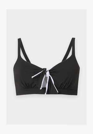 Černý horní díl plavek s tenkými ramínky a předním uzlem obrysem v bílé na jednobarevném pozadí.