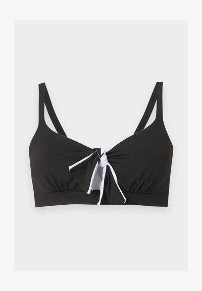 Μαύρο πάνω μέρος μπικίνι με λεπτούς ιμάντες ώμου και λεπτομέρεια κόμπου μπροστά, περιγραμμένη με λευκό σε μονόχρωμο φόντο.