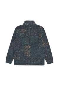 Fleecejacke mit geometrischen Mustern in Dunkelgrün, Blau und Gelb. Verfügt über einen Kragen und lange Ärmel. Weicher Stoff.