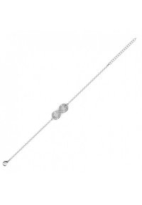 Bracciale in argento con un centro a forma di simbolo dell'infinito decorato con piccole pietre trasparenti. La catena è dotata di chiusura a moschettone.