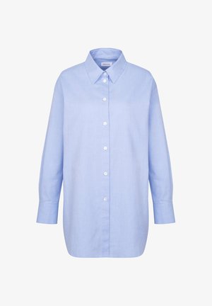 Lyseblå, langærmet skjorte med knapper, spids krave og manschetter, lavet af blødt, glat stof.