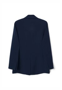 Blazer blu navy con maniche lunghe, revers a punta e spacco posteriore. Realizzato in tessuto liscio, presenta un design minimalista e senza hardware visibile.