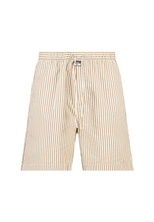 Caleçons pour hommes à rayures verticales beige et blanches, avec ceinture élastique et une étiquette centrée sur la ceinture avant.