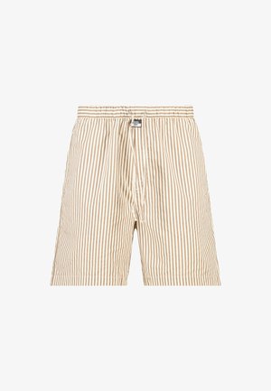 Caleçons pour hommes à rayures verticales beige et blanches, avec ceinture élastique et une étiquette centrée sur la ceinture avant.