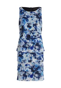 Kwiatowa sukienka z warstwowymi falbanami. Posiada niebieskie i białe odcienie, okrągły dekolt oraz ukrytą zamek z tyłu. Wykonana z lekkiego materiału.