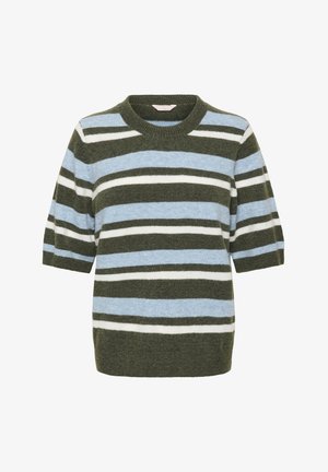 Raidallinen neulepaita oliivinvihreässä, vaaleansinisessä ja valkoisessa. Lyhyet hihat, pyörökaulus, pehmeä rakenne, rento malli, keskivyötärön pituus.