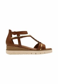 Sandali wedge in pelle marrone con accenti dorati, aperti all'indice e con più cinturini. Suola intermedia texturizzata e suola chiara a contrasto con scanalature distintive.