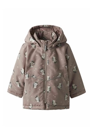 Hellrosa wasserdichte Jacke mit Einhornmustern, Kapuze, Frontreißverschluss und zwei seitlichen Taschen mit glatter Textur.