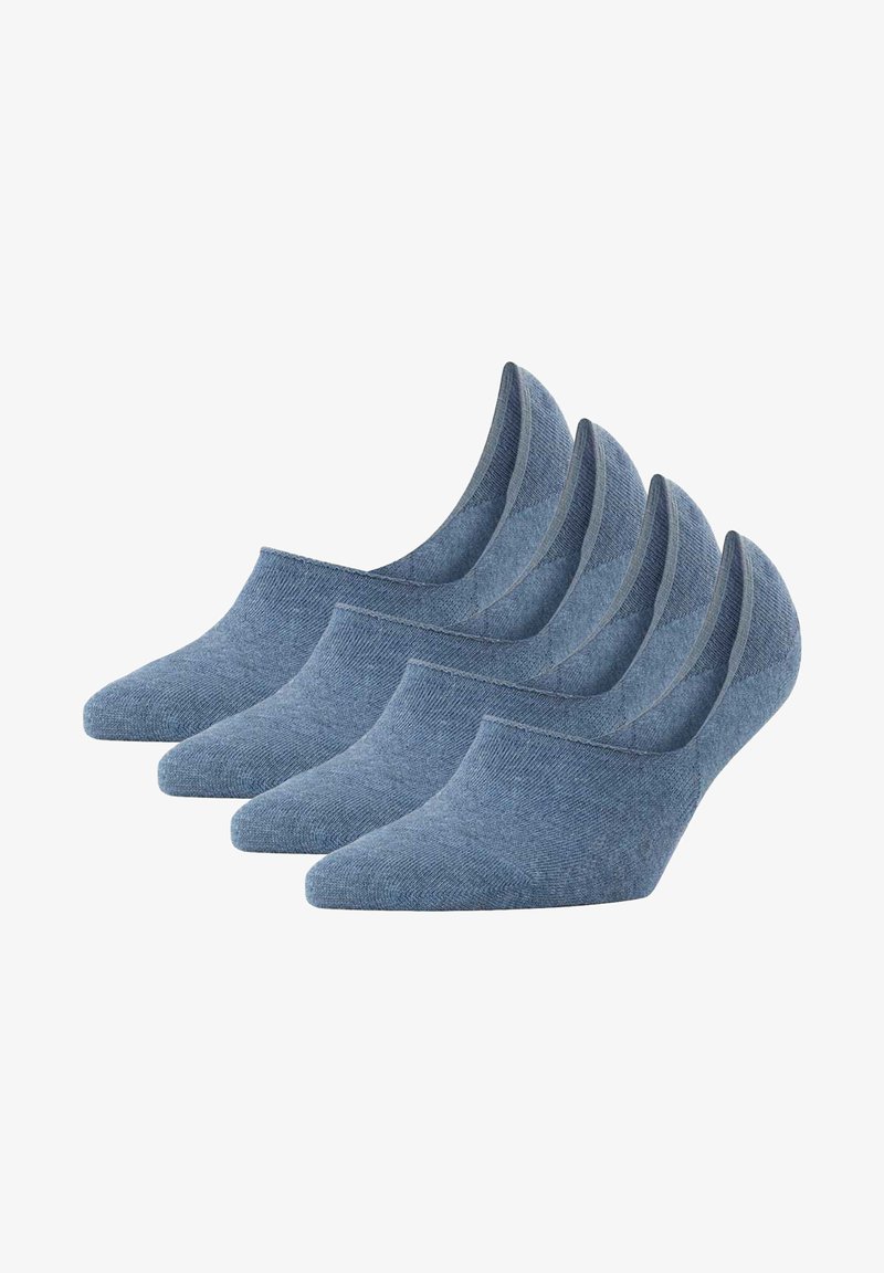 Cinco pares de calcetines de mezcla de algodón azul con un diseño de corte bajo, acabado texturizado y un ribete elástico suave.
