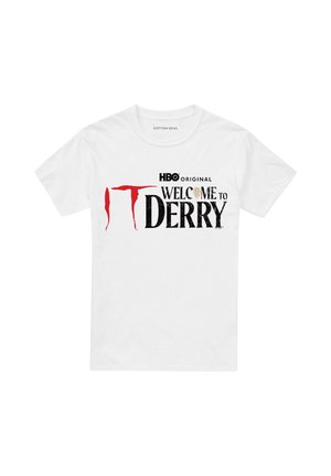 White T-shirt with "HBO Original IT Welcome to Derry" text featuring red and black lettering on the front.