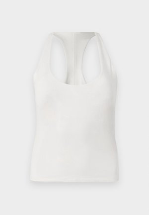 Top branco sem mangas feito de tecido suave, apresentando um decote redondo e um design das costas em estilo racerback, textura lisa e sem padrões visíveis.