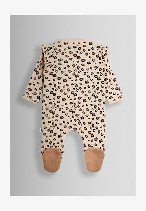 Bézs alapon leopárdmintás egyberuha hosszú ujjakkal, fodros vállrésszel és világosbarna talpbetétekkel. Puha, sima tapintású anyag.