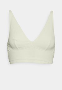Bralette verde claro canelado com um decote em V profundo, alças largas e uma banda texturizada com um delicado detalhe em renda.