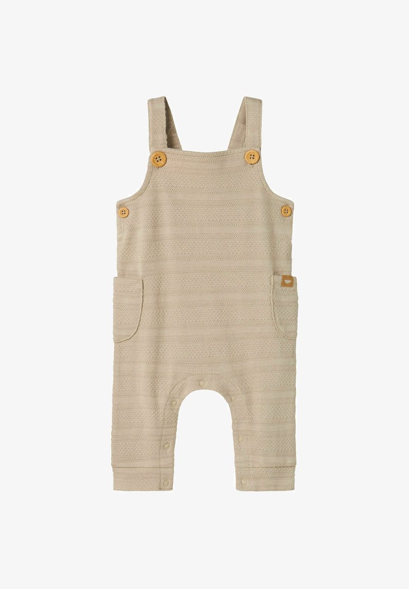 Beige bomuldsbukser med et struktureret stribemønster, der har træknapper, sidelommer og trykknapper ved benene for nem påklædning.