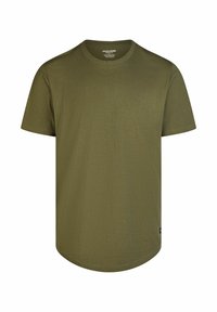 T-shirt olive verde a maniche corte realizzato in cotone morbido, con collo rotondo e taglio dritto, dotato di un'etichetta del marchio discreta sul lato.