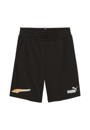 Shorts de sport noirs avec taille élastique, deux poches latérales, logo "PUMA" blanc sur la jambe droite et un design doré sur la gauche.