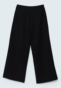 Brede zwarte broek met een gladde textuur, voorzien van een gepaspoteerd tailleband en subtiele plooien aan de voorkant. Plat, zonder zichtbare hardware.