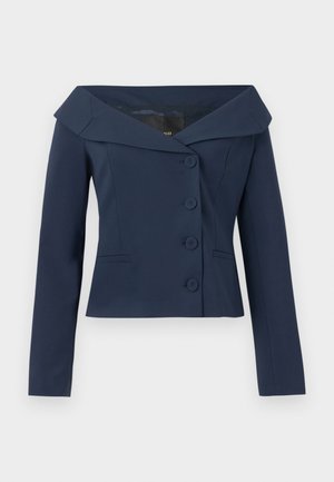 Námornícka modrá krátka sako s širokým výstrihom s rozparkami, dlhými rukávmi, štyrmi prednými gombíkmi a jemnými švami v páse.