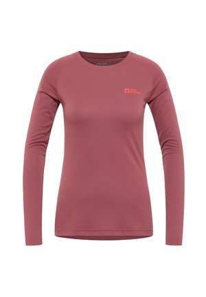 Langarm, nauwsluitend shirt in stofroze, gemaakt van textuurstof met vochtafvoerende eigenschappen. Bevat een klein logo op de borst en gestikte accenten.