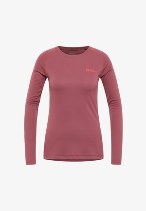 Langarm, nauwsluitend shirt in stofroze, gemaakt van textuurstof met vochtafvoerende eigenschappen. Bevat een klein logo op de borst en gestikte accenten.