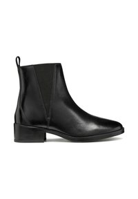 Bottines en cuir noir avec des panneaux latéraux élastiques, bout pointu et un petit talon empilé. Texture lisse avec des détails de couture minimaux.