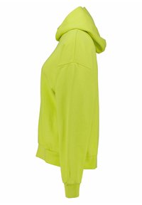 Felpa gialla neon con vestibilità rilassata, dotata di cappuccio con cordino, maniche lunghe e polsini e orlo a costine. Tessuto morbido con una texture liscia.