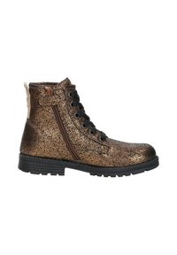 Bronzen enkellaarzen met een gestructureerde metallic afwerking, zwarte veters, een rits aan de zijkant en een robuuste rubberen zool. Voorzien van een achterste treklip.