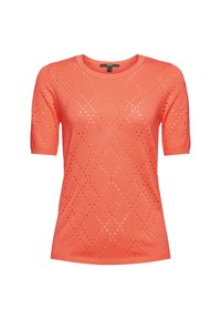 Haut en maille corail à manches courtes avec motif ajouré en forme de losange et encolure ronde, présenté sur fond blanc.