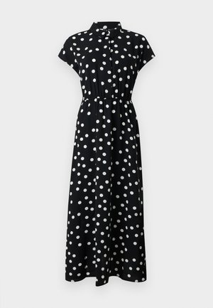 Sort midi-kjole med hvite polkadotter, korte ermer, knappet front, krage og elastisk midje.