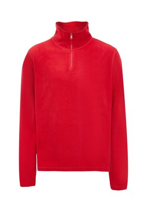 Rød fleece-pullover med høj krave, udstyret med en front halv-lynlås. Glat tekstur, lange ærmer og et enkelt design.