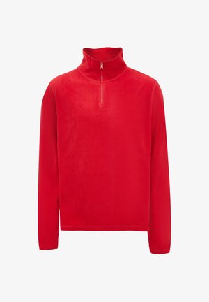 Rood fleece pullover met een hoge kraag, voorzien van een halve rits aan de voorkant. Glad textuur, lange mouwen en een eenvoudig ontwerp.