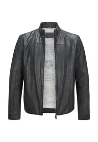 Schwarze Lederjacke mit Stehkragen, Frontreißverschluss und markanten Steppnähten entlang der Schultern und Ärmel.