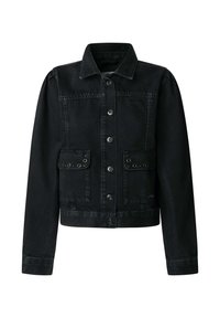 Crna traper jakna s ovratnikom, prednjim zatvaranjem na kopče, dva džepa na prsima s preklopom i dekorativnim zakovicama.