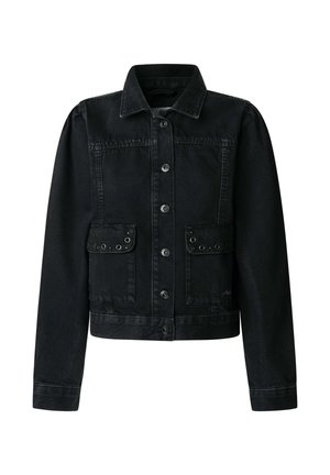 Chaqueta de mezclilla negra con cuello, cierre frontal de botones, dos bolsillos en el pecho con solapas y ojales decorativos.