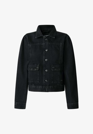 Chaqueta de mezclilla negra con cuello, cierre frontal de botones, dos bolsillos en el pecho con solapas y ojales decorativos.