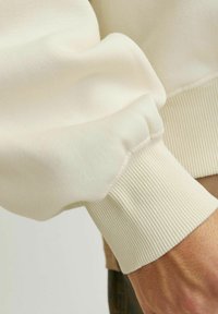 Cremefarvet sweatshirt med struktureret strik, der har en rynket ærmedesign og ribbede manchetter. Søm detaljer er synlige.