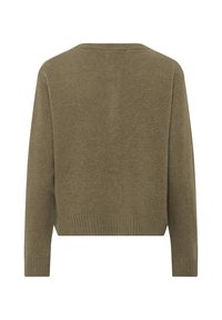 Brauner langärmeliger Feinstrickpullover mit gerippten Bündchen und Saum, flach von hinten auf weißem Hintergrund dargestellt.