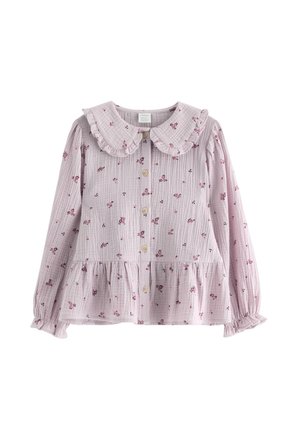Langärmlige Bluse aus leichtem, strukturiertem Stoff in zartem Rosa, mit rüschigem Kragen und floralem Muster, Knopfleiste vorne und gerafftem Taillenbereich.
