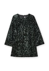 Vestido negro de lentejuelas con cuello redondo y mangas tres cuartos. Presenta un cierre de cremallera en la parte posterior y un diseño holgado.