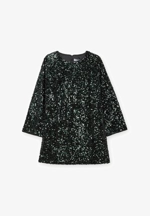 Vestido negro de lentejuelas con cuello redondo y mangas tres cuartos. Presenta un cierre de cremallera en la parte posterior y un diseño holgado.