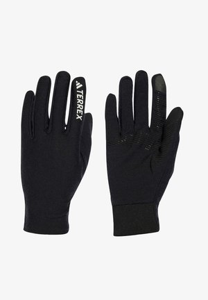 Zwarte handschoenen met een stoffen textuur, een verstevigde elastische manchet en touchscreen-compatibele vingertoppen, met een wit "Terrex" logo.