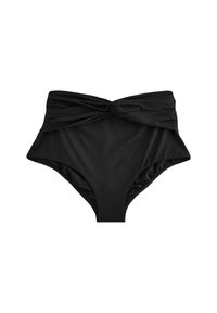 Magas derekú fekete bikini alsó, csavart elülső dizájnnal, sima úszásra alkalmas anyagból készült, oldalt ráncolt részletekkel.