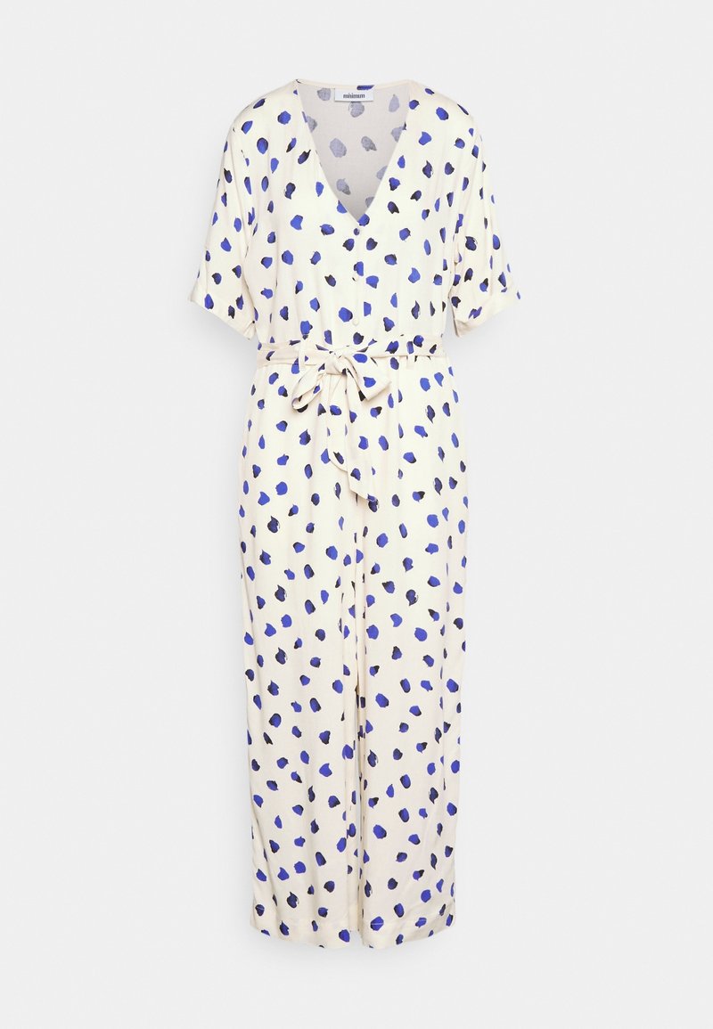 Robe midi blanche à manches courtes avec des taches abstraites bleues et noires, col en V et ceinture nouée à la taille.