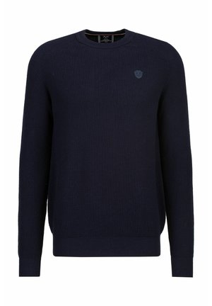 Dunkelblau gestrickter Pullover mit Rippstruktur, Rundhalsausschnitt und Logodetail auf der Brust. Verfügt über lange Ärmel und einen schmalen Saum.