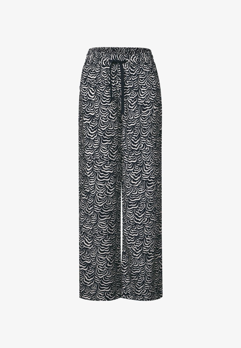 Wijde pijpenbroek in een zwart-wit golvenpatroon; elastische tailleband met een trekkoord; lichtgewicht stof met een gladde textuur.