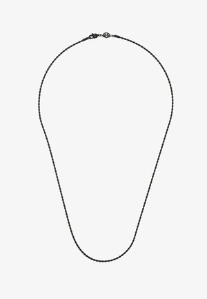 Fekete fonott lánc nyaklánc hátul kapoccsal. Simára polírozott, egyenletes textúrájú és egyszerű kialakítású; további díszítések nélkül.