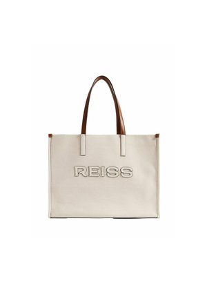 Beige lærred tote taske med brune læderhåndtag; har prægede "REISS" logo på fronten; struktureret rektangulær form.