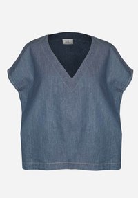 Denim V-hals top med korte ærmer, der har en løs pasform og kontrasterende gul syning langs halsudskæringen og kanten.